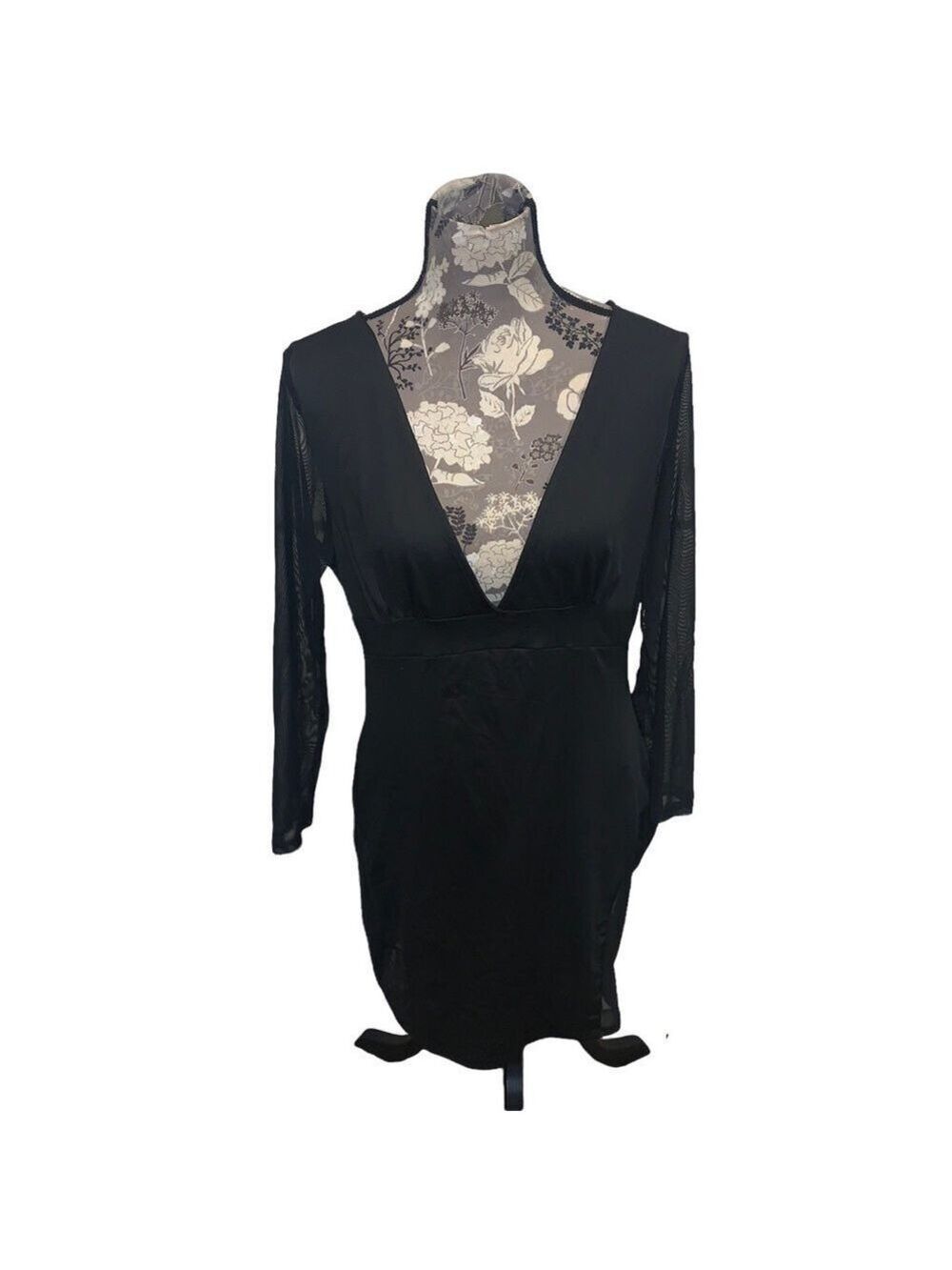 Boutique Black V neck Sheer Panel Bodycon Dress Mob Wife Club Large